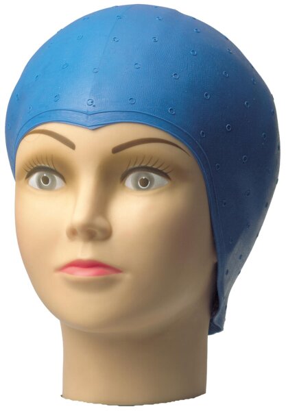 Comair Str&auml;hnenhaube Latex blau mit Lochstanzung